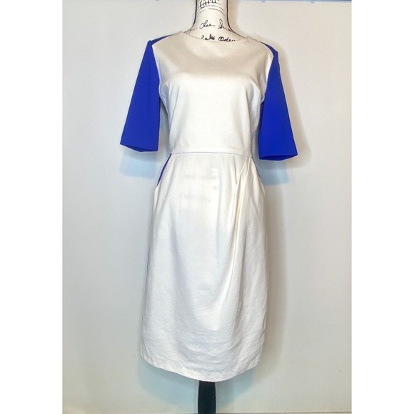 Suzi Chin Bodycon Sheath Dress Size 8 Blue White Color Block Pockets Maggy - Picture 2 of 6